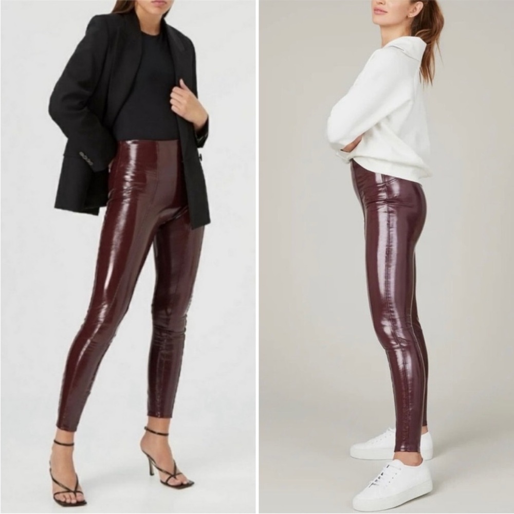SPANX Faux Leather Dark Ruby Red Patent Leather High Rise Leggings
